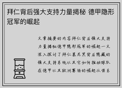 拜仁背后强大支持力量揭秘 德甲隐形冠军的崛起